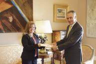 O Presidente da República, Aníbal Cavaco Silva, recebe em audiência a Embaixadora Madalena Fischer, para entrega de cartas credenciais como representante diplomática de Portugal no Cairo, Egito, a 23 de novembro de 2015