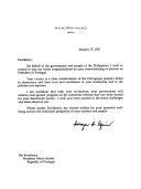 Carta da Presidente da República das Filipinas, Corazon Aquino, dirigida ao Presidente da República, Mário Soares, felicitando-o pela sua reeleição como Presidente de Portugal.