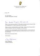 Carta da Presidente da Irlanda, Mary Robinson, endereçada ao Presidente da República de Portugal, Jorge Sampaio, agradecendo a carta de 17 de julho e as suas felicitações por ocasião da sua nomeação como Alto Comissário para os Direitos Humanos, assim como o convite para visitar Portugal.