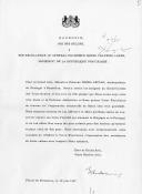 Carta de Balduíno, Rei dos Belgas, dirigida ao Presidente da República portuguesa, General Francisco Higino Craveiro Lopes, agradecendo as insígnias da Banda das Três Ordens e a alta distinção atribuída.
