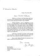 Carta do Presidente da República, Jorge Sampaio, dirigida à Presidente da República da Irlanda, Mary Robinson, endereçando-lhe felicitações pela sua nomeação como Alto Comissário para os Direitos Humanos das Nações Unidas e desejando-lhe o maior sucesso nas suas novas responsabilidades.