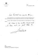 Carta do Rei Juan Carlos dirigida ao Presidente da República Portuguesa, Mário Soares, agradecendo mensagem de felicitações por ocasião do casamento da Infanta Dona Elena com Dom Jaime de Marichalar.