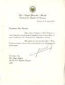 Carta de Luis Angel González Macchi, Presidente da República do Paraguai, dirigida ao Presidente da República Portuguesa, Jorge Sampaio, agradecendo mensagem de felicitações que lhe foi endereçada por ocasião do 188º aniversário da independência do seu país.