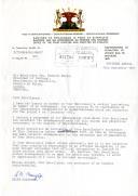 Carta do Primeiro Ministro e Ministro das Finanças do governo de Bophuthatswana, Lucas Mangope,  endereçada ao Presidente da República de Portugal, convidando as autoridades portuguesas a designarem um representante para estar presente por ocasião das celebrações de independência, entre 4 e 7 de dezembro de 1977.
