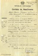 Certidão Narrativa de Nascimento de Pio Manuel Correia passada pela Conservatória do Registo Civil de Lisboa.