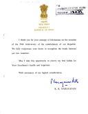 Carta do Presidente da República da Índia, Kocheril Raman Narayanan, dirigida ao Presidente da República, Jorge Sampaio, agradecendo a sua mensagem de felicitações por ocasião do 50.º aniversário do estabelecimento da República da Índia.