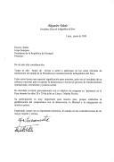 Carta de Alejandro Toledo, Presidente eleito da República do Peru, endereçada ao Presidente da República de Portugal, Jorge Sampaio, convidando-o a estar presente nos atos oficiais de transmissão do poder da Presidência Constitucional, a terem lugar em Lima e em Machu Picchu, nos dias 28 e 29 de julho de 2001.