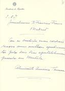 Nota manuscrita e assinada pelo Presidente da República, Américo Tomás, dirigida ao Generalíssimo Francisco Franco, saudando-o e agradecendo-lhe os dias passados em Mudela.