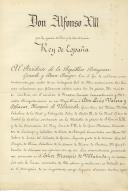 Carta credencial do Rei de Espanha, Afonso XIII, apresentando o novo Enviado Extraordinário e Ministro Plenipotenciário embaixador Luis Valeray Delavat, Marquês de Villasinda.