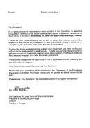 Carta do Presidente Nelson Mandela, dirigida ao Presidente da República de Portugal, Jorge Fernando Branco de Sampaio, convidando-o a estar presente na cerimónia de tomada de posse do segundo Presidente da República da África do Sul, democraticamente eleito, no dia 16 de junho de 1999, em Pretória.