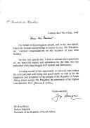 Carta do Presidente da República, Jorge Sampaio, endereçando ao Presidente da República da África do Sul, Nelson Mandela, "calorosas felicitações" por ocasião dos seus 80 anos.