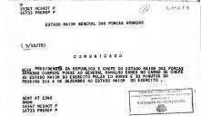 Telex com comunicado do Presidente da República / EMGFA  relativo à tomada de posse do General Ramalho Eanes no cargo de Chefe de Estado Maior do Exército no dia 6 de dezembro de 1975.