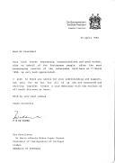 Carta do Presidente de Estado da África do Sul, F.W. De Klerk, dirigida ao Presidente da República de Portugal, Mário Soares, agradecendo a sua carta de  felicitações por ocasião do referendo de 17 de março de 1992.