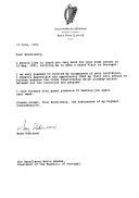 Carta da Presidente da República da Irlanda, Mary Robinson, agradecendo e aceitando o convite do Presidente da República, Mário Soares, para uma visita de Estado a Portugal.
