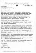 Carta de Dupsy [ou Dupe] Abiola, mulher do chefe Moshood Kashimawo Olawale Abiola, cidadão nigeriano, endereçada ao Presidente de Portugal, solicitando que seja feito apelo ao General Sanni Abachal para a libertação do seu marido.
