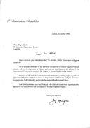 Carta do Presidente da República, Jorge Sampaio, endereçada à Srª Dupe [ou Dupsy] Abiola, em resposta à sua carta de 17 de outubro de 1996, assegurando que Portugal continuará a apelar ao total respeito pelos Direitos Humanos na Nigéria.