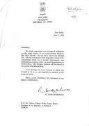 Carta do Presidente da República da Índia, R. Venkataraman, endereçada ao Presidente da República, Mário Soares, agradecendo a mensagem de condolências por ocasião da trágica morte do antigo Primeiro Ministro Rajiv Gandhi.