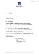 Carta de Shimon Peres, de Israel, congratulando-se e felicitando o Presidente de Portugal, Jorge Sampaio, pela sua reeleição, e desejando-lhe todo o sucesso no seu mandato.