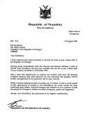 Carta do Presidente da República da Namíbia, Sam Nujoma, dirigida ao Presidente da República, Mário Soares, agradecendo convite para uma visita de Estado a Portugal e informando-o que a data mais ajustada seria entre 11 e 13 de outubro de 1995.