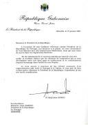 Carta do Presidente da República do Gabão, El Hadj Omar Bongo, endereçada ao Presidente da República de Portugal, Jorge Sampaio, com mensagem de felicitações pela sua reeleição e esperando, ao longo do novo mandato, o reforço das relações de cooperação entre os dois países.