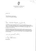 Carta da Presidente da Irlanda, Mary Robinson, endereçada ao Presidente da República de Portugal, Jorge Sampaio, agradecendo a hospitalidade por ocasião da sua visita a Lisboa, para receber o Prémio Norte-Sul da Paz, e agradecendo o apoio pessoal do chefe de Estado e também do governo português para a sua candidatura a Alto Comissário para os Direitos Humanos.