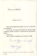 Decreto de nomeação do Engenheiro Eduardo de Arantes e Oliveira para o cargo de Ministro das Obras Públicas. 
