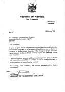 Carta do Presidente da República da Namíbia, Sam Nujoma, dirigida ao Presidente da República Portuguesa, Jorge Sampaio, felicitando-o pela sua reeleição.