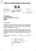 Carta do Presidente do Grupo Banco Africano de Desenvolvimento, Omar Kabbaj, endereçada ao Presidente da República de Portugal, Jorge Sampaio, felicitando-o pela sua reeleição para o cargo.