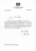 Carta do Primeiro Ministro inglês, John Major, endereçada a Jorge Sampaio, felicitando-o pela sua eleição como Presidente da República Portuguesa.