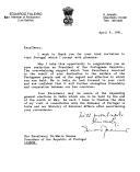 Carta de Eduardo Faleiro, membro do Parlamento (Lok Sanha) indiano, em resposta a carta do Presidente da República, Mário Soares, agradecendo e aceitando convite para visitar Portugal e aproveitando para felicitá-lo pela sua reeleição.