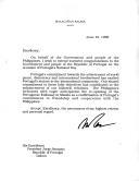 Carta do Presidente da República das Filipinas, Fidel Ramos, endereçada ao Presidente da República, Jorge Sampaio, felicitando o Governo e o Povo portugueses por ocasião do Dia de Portugal e saudando antecipadamente a reabertura da Embaixada portuguesa em Manila.
