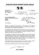 Carta do Presidente do Grupo Banco Africano de Desenvolvimento, Omar Kabbaj, endereçada ao Presidente da República de Portugal, Jorge Sampaio, na sequência da sua reeleição como presidente da instituição, agradecendo o apoio dado à sua candidatura.
